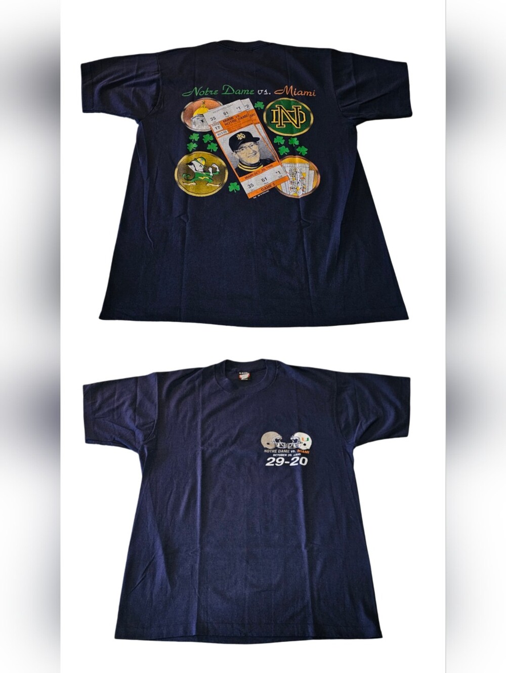 1990 Notre Dame Miami The Shirt 29-20 Post Game Screen Stars XL T-Shirt Holtz